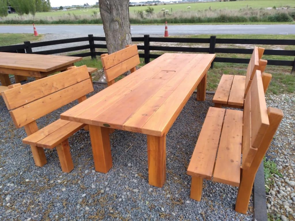 Macrocarpa Dining Table — Tai Tapu Planked & Backed Pews
